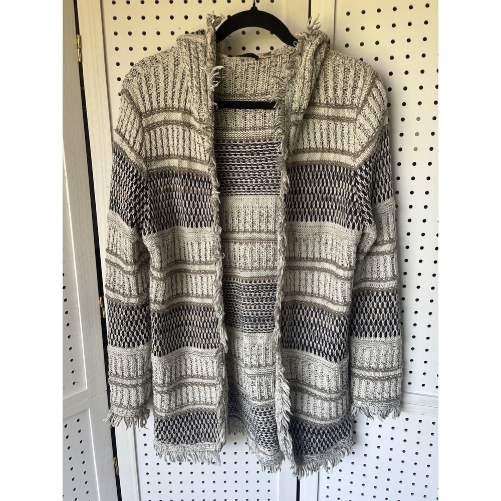 Dex Multicolored Hooded Knit Open Front Cardigan Fringe Accents Size Small Aztec